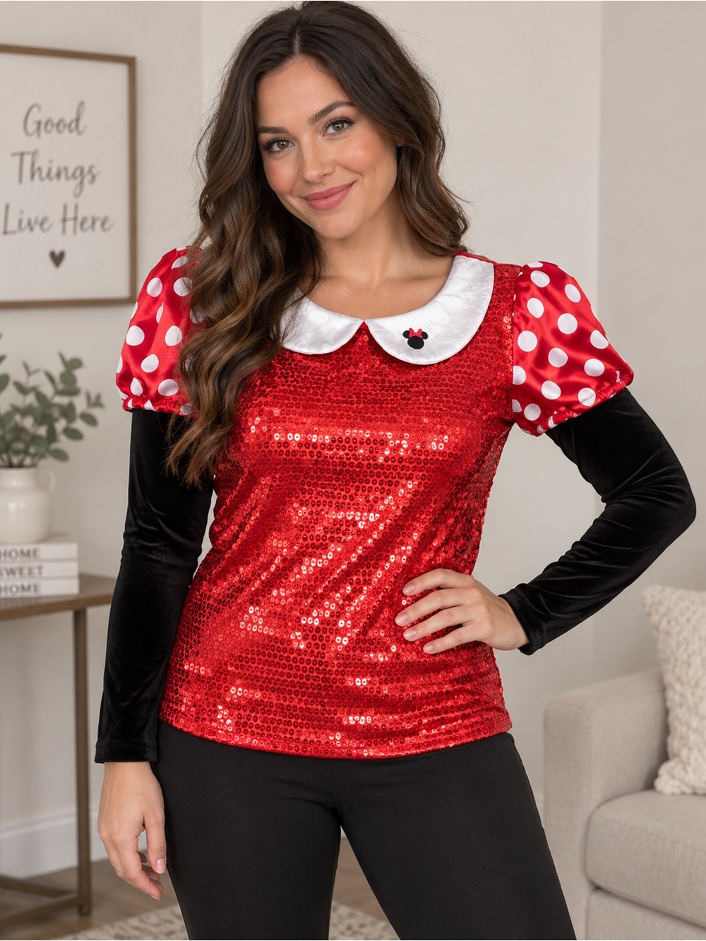 Disney Minnie Mouse Adult Sequin Costume Top Red Black Polka Dot
